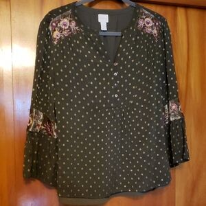 Chico's Dark Green Floral Embroidered Blouse